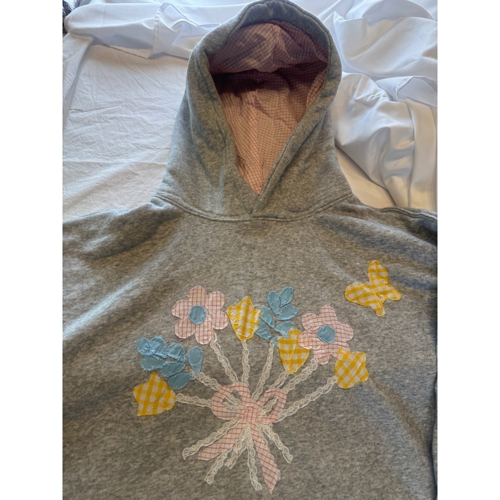 No Boundaries Oversized Gray Hoodie Floral Gingham Lace Applique Cottagecore XL